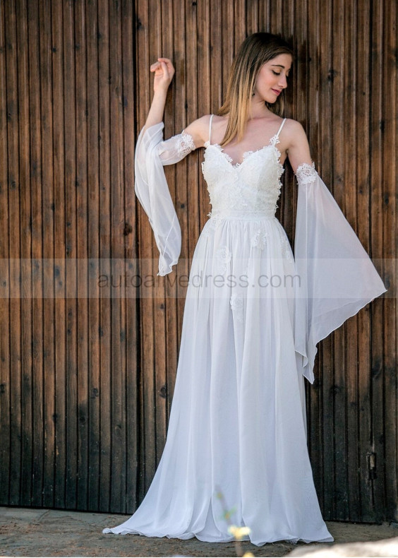 Bell Sleeves Ivory Lace Chiffon Beach Summer Wedding Dress